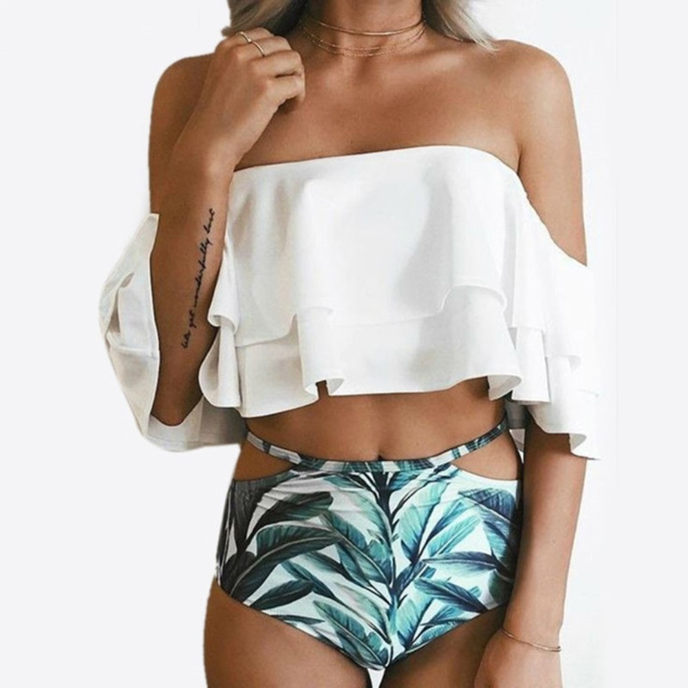 Off the Shoulder Swim Suit Green Leaf